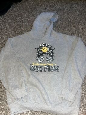 Gildan Gray Pullover Hoodie with Yellow Paw Dog Mom Graphic